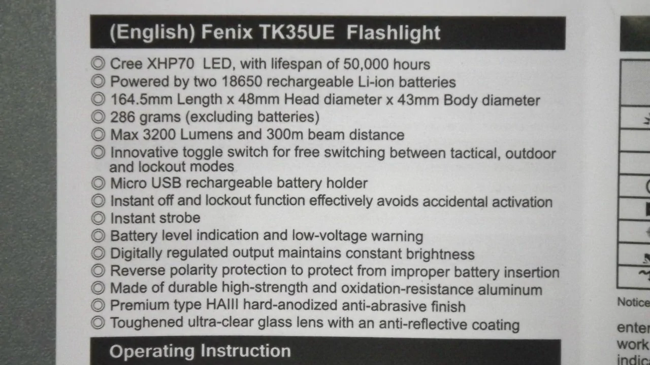 FENIX TK35UE (2018) / spec.