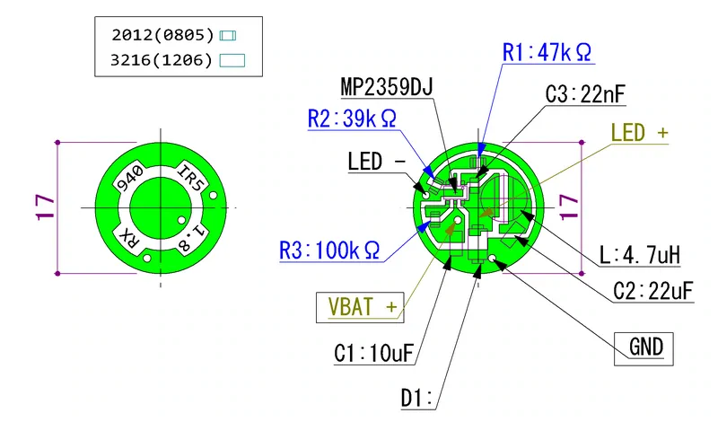 IR-LED 850nm / 940nm - φ17mm基板 回路図